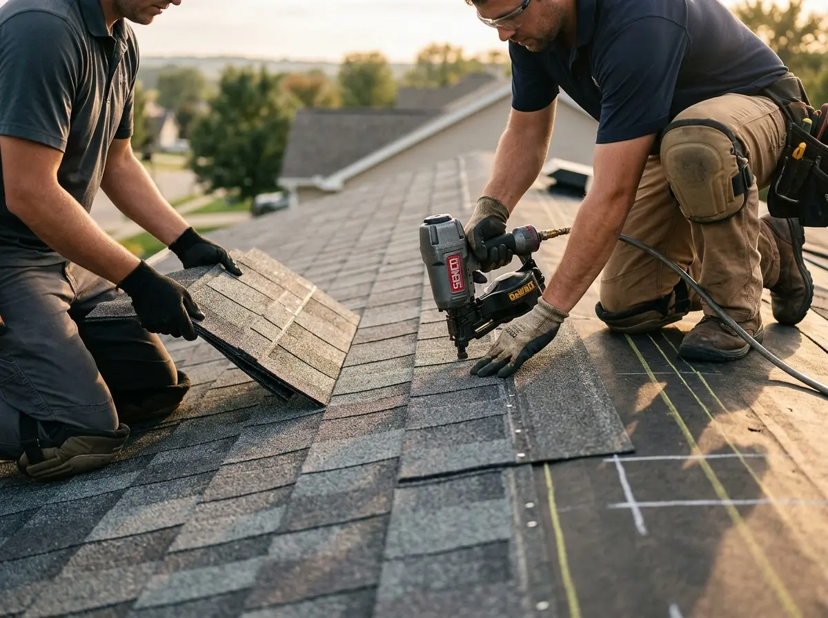 Professional roofer working on a residential roof in Fairfield